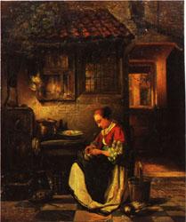 Henri Leys Woman Plucking a Chicken in a Courtyard